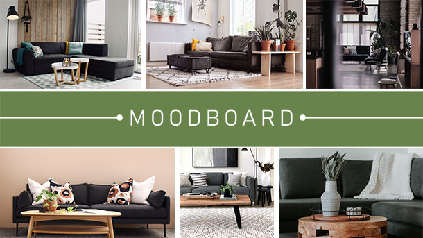 Moodboard mit verschiedenen Gestaltungsmöglichkeiten für ein anthrazitfarbenes Sofa.