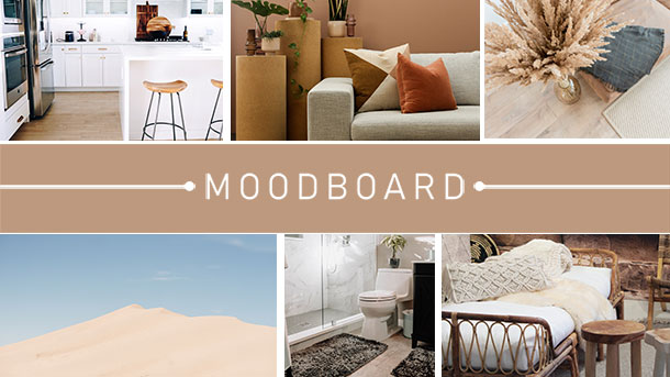 Moodboard: Welche Farbe passt zu beigen Fliesen? Zusammenstellung von sechs Bildern mit Beige und passenden Farben. Zusätzlich verschieden Darstellung in Küche, Wohn- und Badezimmer.