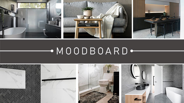 Moodboard zur Frage: Welche Farbe passt zu grauen Fliesen? Dabei handelt es sich um eine Anordnung von sechs Bildern mit verschiedenen Räumlichkeiten und Gestaltungsweisen grauer Fliesen.