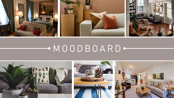 Moodboard zu dem Thema: Welche Farbe passt zu taupe Sofa. Eine Anreihung von sechs Bildern mit verschiedenen Gestaltungsmöglichkeiten von taupefarbenen Sofas. Dabei sind verschiedene Farben im Einsatz: Rot, Braun, Grün, Blau, Weiß und Taupe.