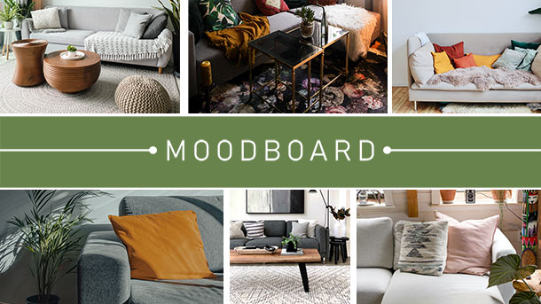 Moodboard zur Frage "Welcher Teppich zu grauem Sofa?" mit verschiedenen Farben und Teppichen - zum Beispiel Orange, Teal, Blumenmuster usw.