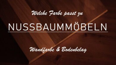 Titelbild mit der Aufschrift "Welche Farbe passt zu Nussbaummöbeln" - im Hintergrund erkennt man zwei Holzplatten.