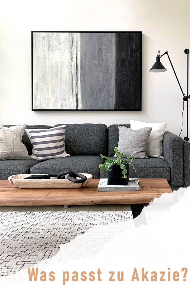 Hochformatiges Bild über das Thema "Was passt zu Akazie". Hier sehen wir einen Ausschnitt aus einem Wohnzimmer mit einem zentrierten Tisch aus Akazienholz. Dieser ist mit schwarz-metallenen Füßen versehen und mit Büchern und Pflanzen dekoriert. Darunter befindet sich ein beigefarbener gemusterter Teppich. Der Holztisch steht vor einem anthrazit Sofa mit weißen Kissen. Darüber befindet sich ein Gemäld mit unbunten Farben.