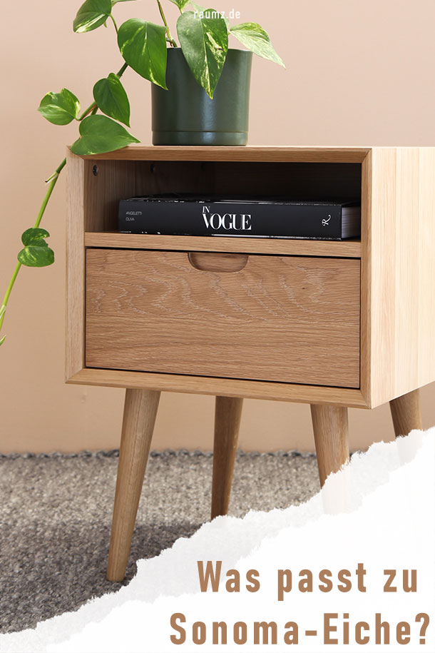 Zu sehen ist eine Nachttische gefertigt aus Sonoma Eiche. Dabei handelt es sich um eine rechteckiges Stück mit einem offenen Fach und einem Fach mit Schublade. Im offenen Fach liegt ein schwarzes Buch. Auf dem Nachttisch steht eine Pflanze mit grünem Topf. Des Weiteren befindet sich im Hintergrund eine puderrosane Wand. Der Boden ist mit einem grauen niedrigflorigen Teppich ausgestattet. An der unteren rechten Ecke ist das Bild eingerissen und man erkennt den Titel: "Was passt zu Sonoma Eiche?"