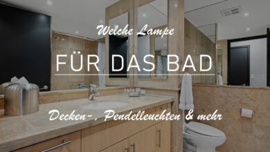 Titelbild mit der Aufschrift: "Welche Lampe für das Bad?". Zu sehen ist ein Ausschnitt aus einem geräumigen Badezimmer mit Spots an der Decke. Somit ist für optimale Ausleuchtung gesorgt.