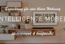 Titelbild mit der Aufschrift: "Intelligente Möbel für kleine Wohnungen -platzsparend und komfortabel-. Im Hintergrund erkennt man eine Schrankwand mit verbautem Gemälde-Bildschirm.
