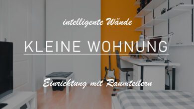 Titelbild mit der Aufschrift: "Kleine Wohnung einrichten - intelligente Wände und Raumteiler". Im Hintergrund erkennt man eine kleine Wohnung mit Schlaf- und Arbeitsmöglichkeiten. Der Raum ist durch Regale gegliedert. Weiterhin sorgt der farbliche Bruch der Wandfarbe - von Weiß zu Gelb für eine optische Trennung des Raumes.