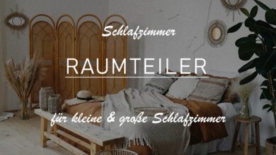 Titelbild mit der Aufschrift: "Schlafzimmer-Raumteiler für kleine und große Schlafzimmer". Im Hintergrund erkennt man ein geräumiges Schlafzimmer Boho-Stil. Neben dem Bett ist eine Ankleidenische mit einem Paravent abgetrennt.