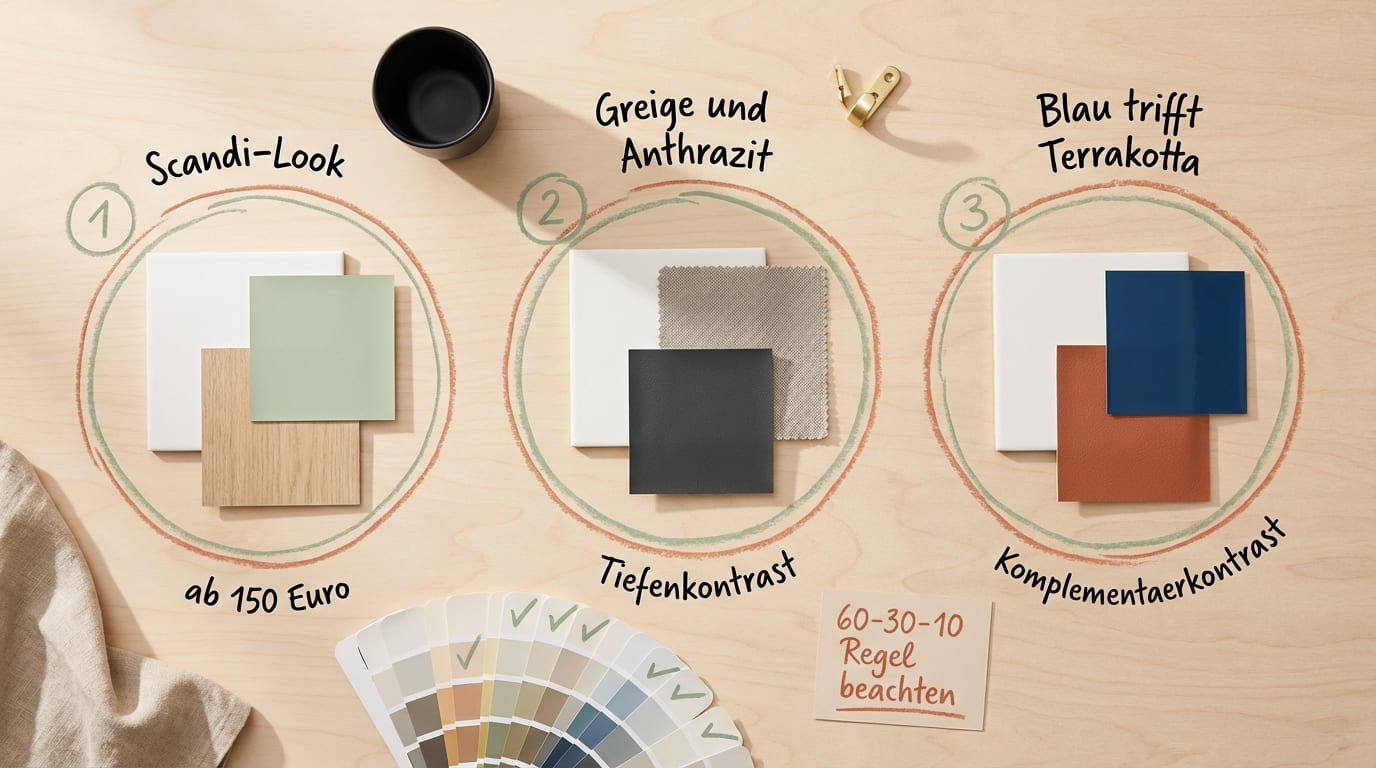 Flat-Lay mit drei Badezimmer Fliesen Farbkombinationen – 1 Scandi-Look mit Salbeigrün und Holz ab 150 Euro, 2 Greige und Anthrazit als Tiefenkontrast, 3 Blau trifft Terrakotta als Komplementärkontrast, Farbfächer und Hinweis 60-30-10-Regel beachten