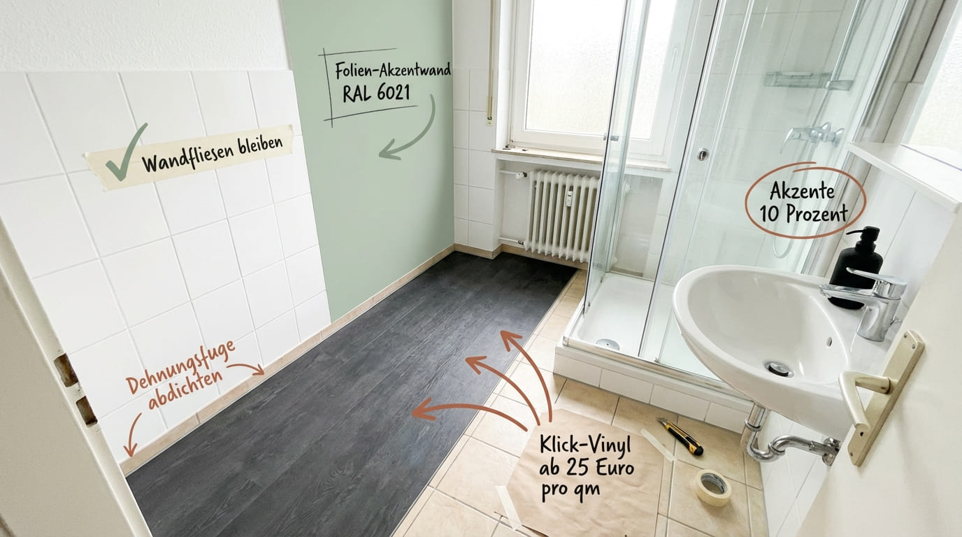 Badezimmer in Mietwohnung mit Fliesen Farbkombination – weiße Wandfliesen bleiben, Salbeigrüne Folien-Akzentwand RAL 6021, dunkles Klick-Vinyl ab 25 Euro pro qm, Dehnungsfuge abdichten, schwarze Akzente 10 Prozent