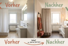 Vorher-Nachher-Vergleich Badezimmer Fliesen Farbkombinationen – links kahles Bad mit weißen Fliesen und beigem Boden mit rotem X, rechts warmes Bad mit Holzboden, Terrakotta-Textilien und Leinen-Vorhang mit grünem Häkchen, Budget ca. 200 bis 300 Euro