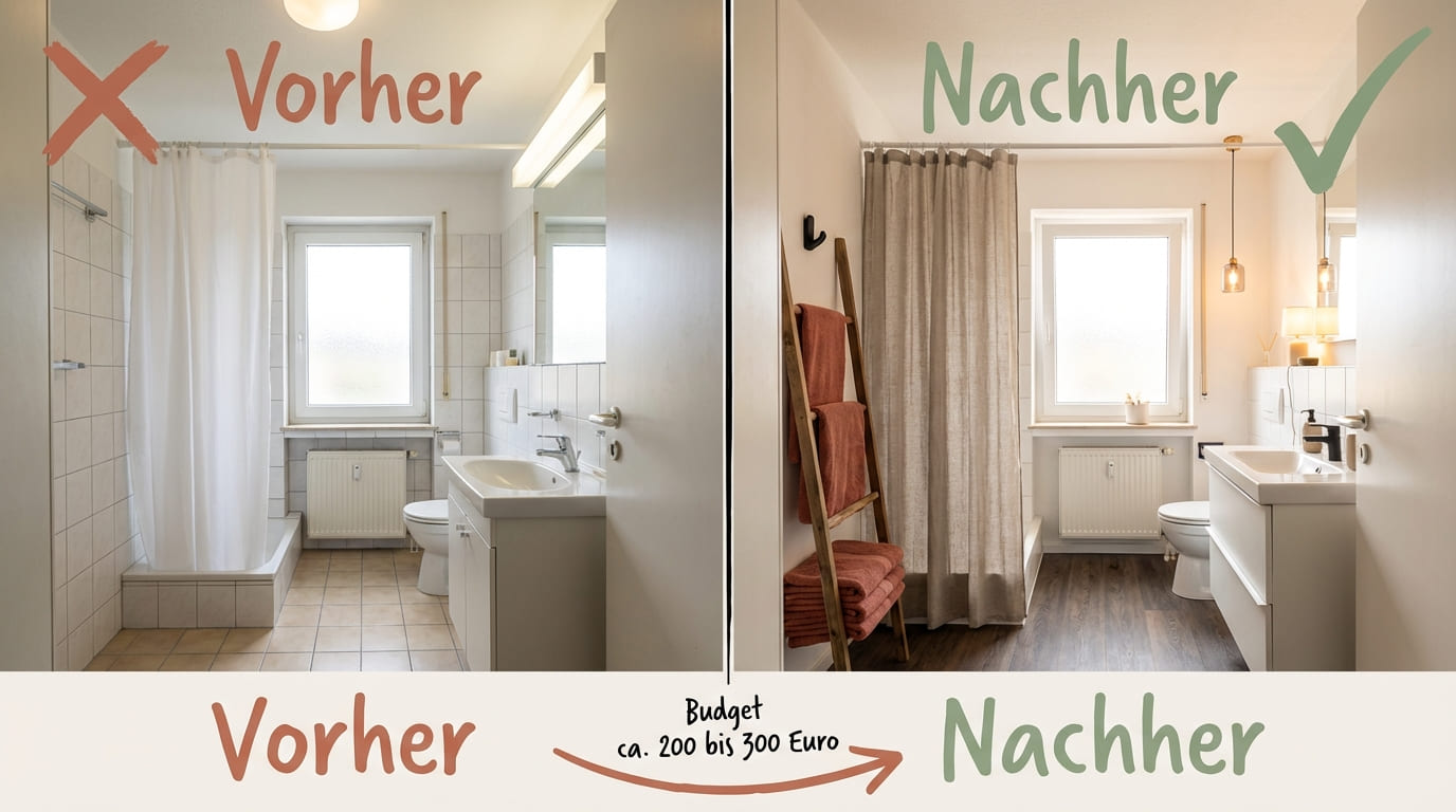 Vorher-Nachher-Vergleich Badezimmer Fliesen Farbkombinationen – links kahles Bad mit weißen Fliesen und beigem Boden mit rotem X, rechts warmes Bad mit Holzboden, Terrakotta-Textilien und Leinen-Vorhang mit grünem Häkchen, Budget ca. 200 bis 300 Euro