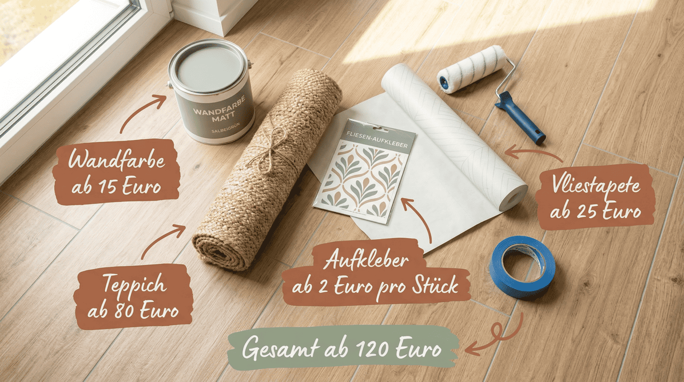 Budget-Übersicht Fliesen Holzoptik welche Wandfarbe – Wandfarbe Salbeigrün matt ab 15 Euro, Jute-Teppich ab 80 Euro, Fliesen-Aufkleber ab 2 Euro pro Stück und Vliestapete ab 25 Euro auf Fliesen in Holzoptik, Gesamtkosten ab 120 Euro