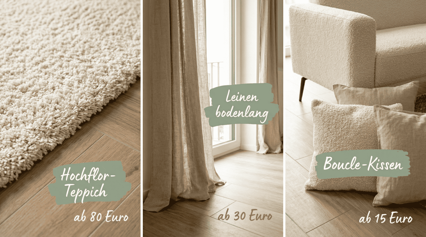 Drei Textil-Tipps zu Fliesen in Holzoptik – Hochflor-Teppich in Creme ab 80 Euro, bodenlange Leinen-Vorhänge ab 30 Euro und Bouclé-Kissen ab 15 Euro, jeweils auf Fliesen in Holzoptik