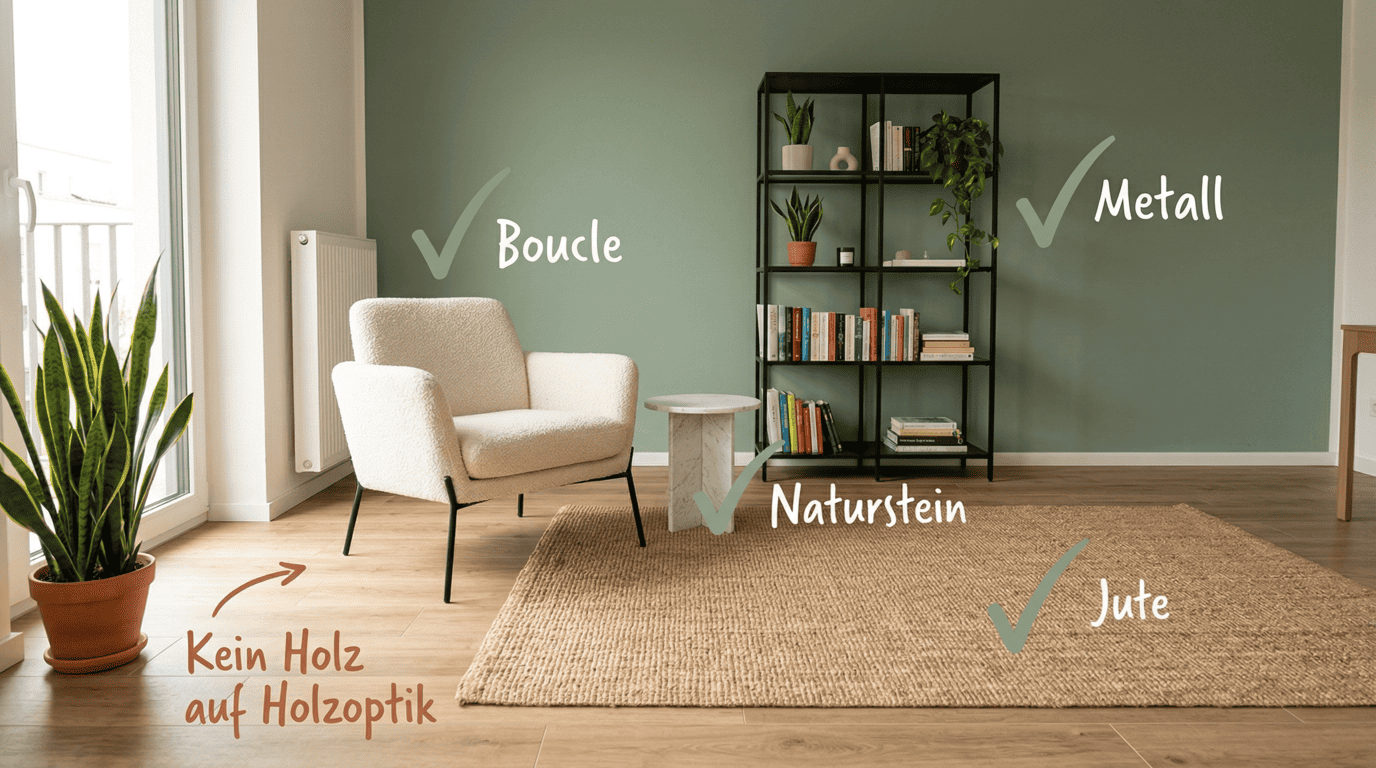 Wohnzimmer mit Fliesen in Holzoptik und Salbeigrüner Akzentwand – Bouclé-Sessel, schwarzes Metallregal, Naturstein-Beistelltisch und Jute-Teppich mit Häkchen, Hinweis kein Holz auf Holzoptik