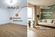Vorher-Nachher-Vergleich Fliesen Holzoptik welche Wandfarbe – links leerer Raum mit weißen Wänden und Holzoptik-Fliesen mit rotem X, rechts eingerichtetes Wohnzimmer mit Salbeigrüner Akzentwand und Bouclé-Sofa, 3 Schritte Unterton bestimmen Wandfarbe wählen Materialien mixen