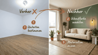 Vorher-Nachher-Vergleich Fliesen Holzoptik welche Wandfarbe – links leerer Raum mit weißen Wänden und Holzoptik-Fliesen mit rotem X, rechts eingerichtetes Wohnzimmer mit Salbeigrüner Akzentwand und Bouclé-Sofa, 3 Schritte Unterton bestimmen Wandfarbe wählen Materialien mixen