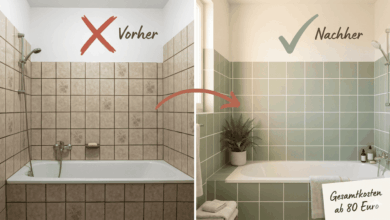 Vorher-Nachher-Vergleich Fliesen streichen Mietwohnung – links veraltete beige Fliesen mit rotem X, rechts frisch gestrichene Salbeigrüne Fliesen mit Häkchen, Gesamtkosten ab 80 Euro