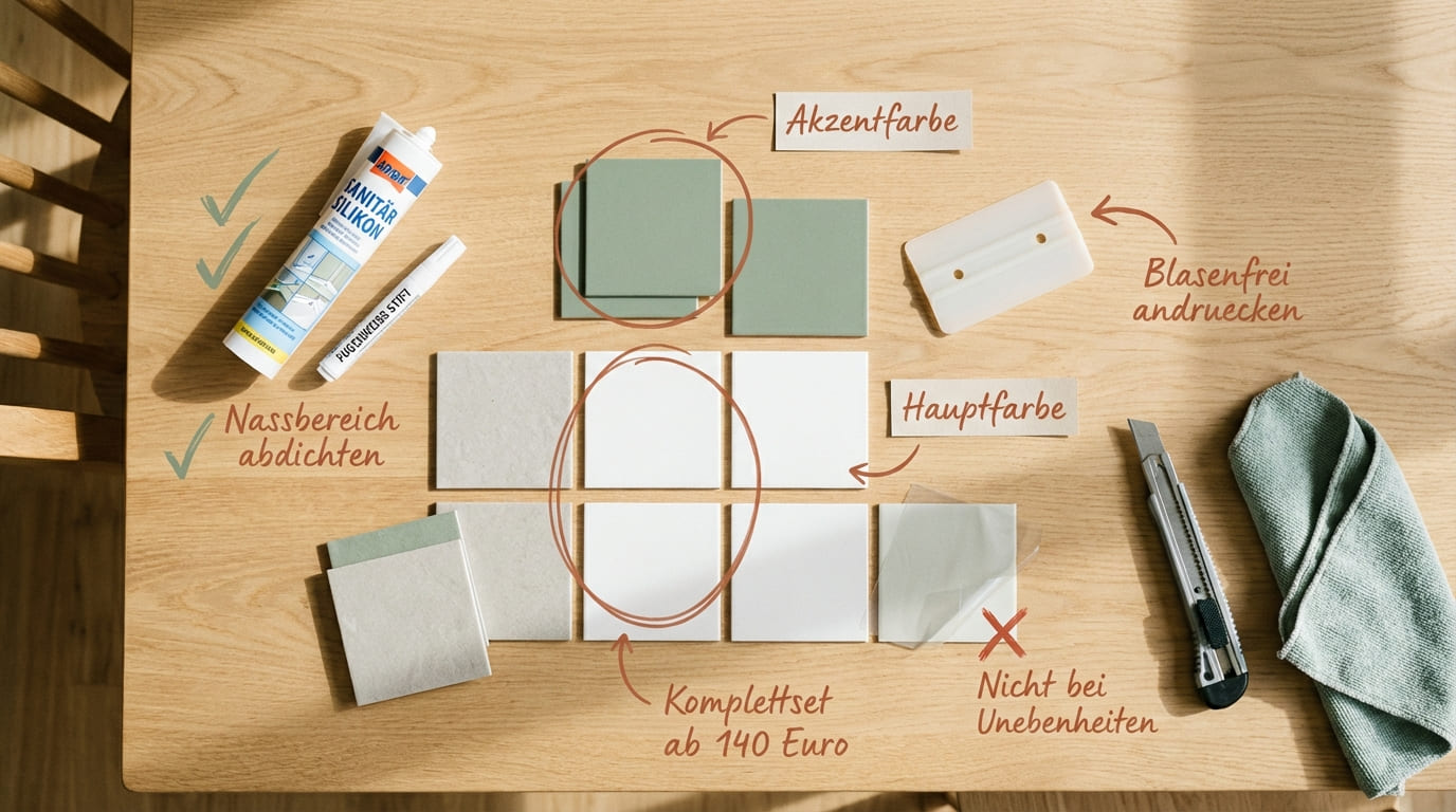 Flat-Lay mit Material zum Fliesen überkleben in der Mietwohnung – Fliesenfolie in Salbeigrün und Weiß, Sanitärsilikon, Fugenweißstift und Rakel auf hellem Holztisch, Komplettset ab 140 Euro