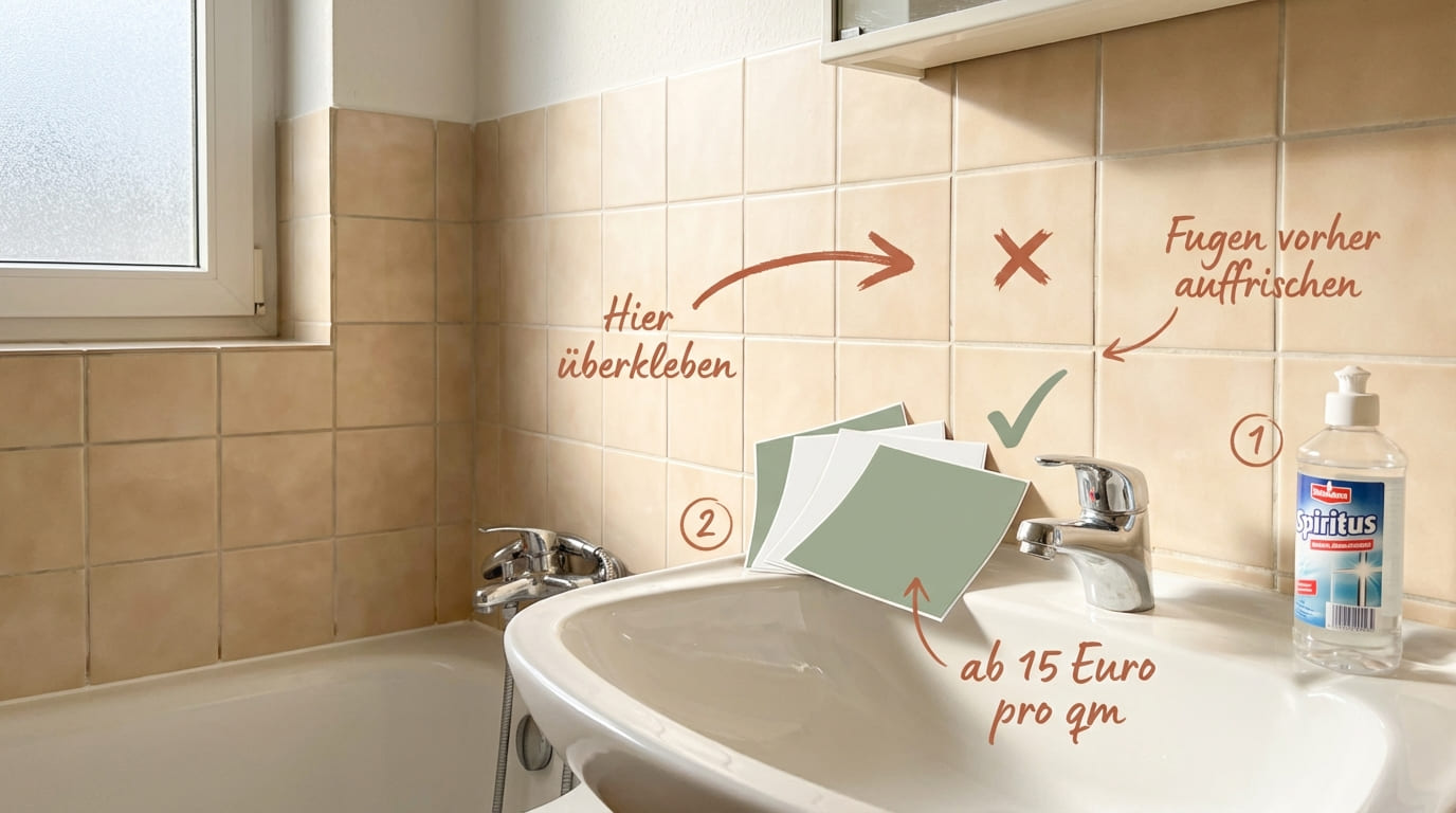 Typisches Mietwohnungs-Bad mit beigen Altbau-Fliesen – Schritt-für-Schritt-Annotationen zum Fliesen überkleben mit Spiritus reinigen, Folie aufkleben ab 15 Euro pro qm und Fugen vorher auffrischen