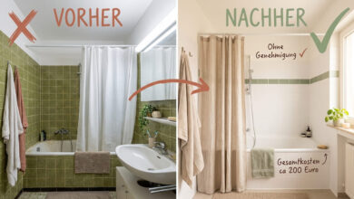 Vorher-Nachher-Vergleich Fliesen überkleben Mietwohnung – links veraltetes Bad mit grünen Fliesen, rechts helles Bad mit weißer Fliesenfolie und Salbei-Bordüre, ohne Genehmigung umsetzbar, Gesamtkosten ca. 200 Euro