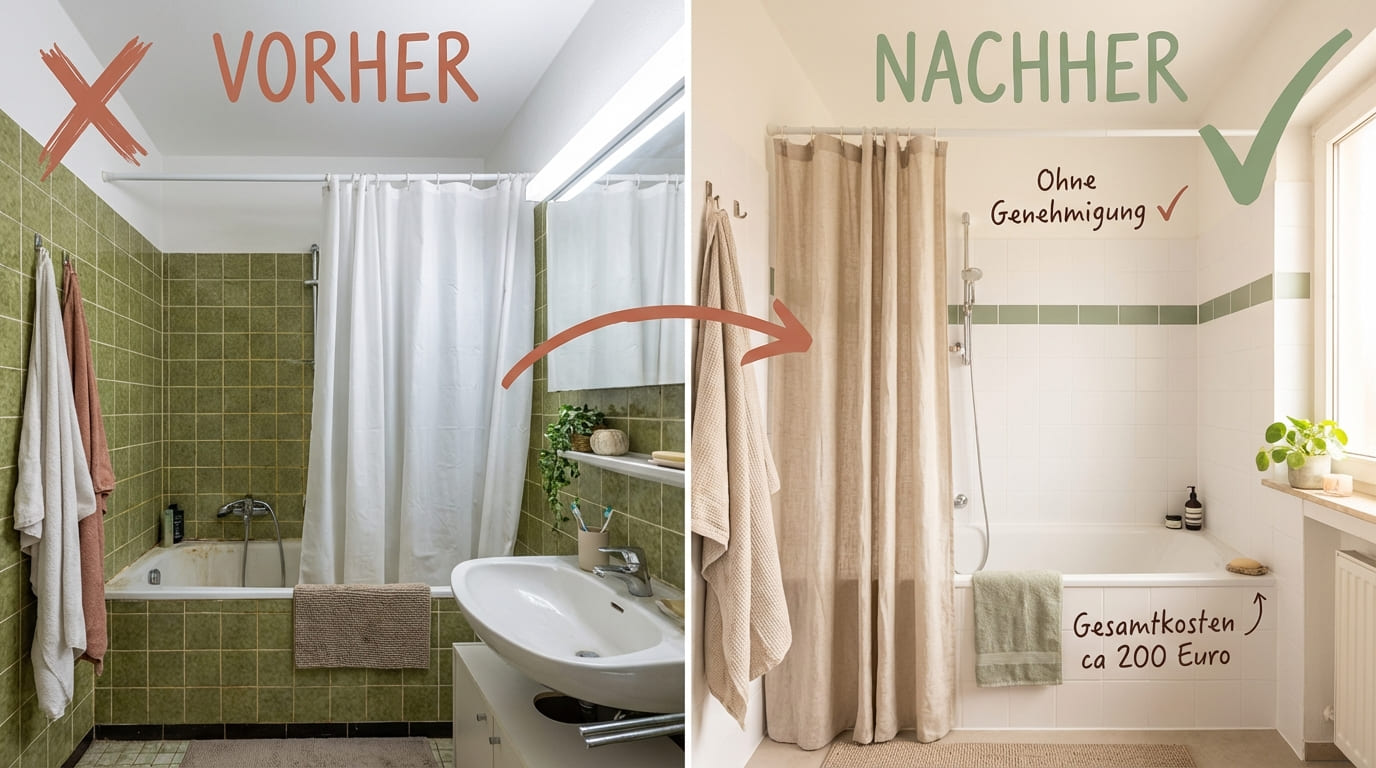 Vorher-Nachher-Vergleich Fliesen überkleben Mietwohnung – links veraltetes Bad mit grünen Fliesen, rechts helles Bad mit weißer Fliesenfolie und Salbei-Bordüre, ohne Genehmigung umsetzbar, Gesamtkosten ca. 200 Euro