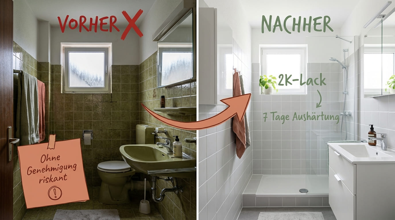Vorher-Nachher-Vergleich Fliesenaufkleber vs Fliesenlack – links veraltetes grünes Retro-Bad mit Hinweis ohne Genehmigung riskant, rechts weiß gestrichenes Bad mit 2K-Lack und 7 Tage Aushärtung
