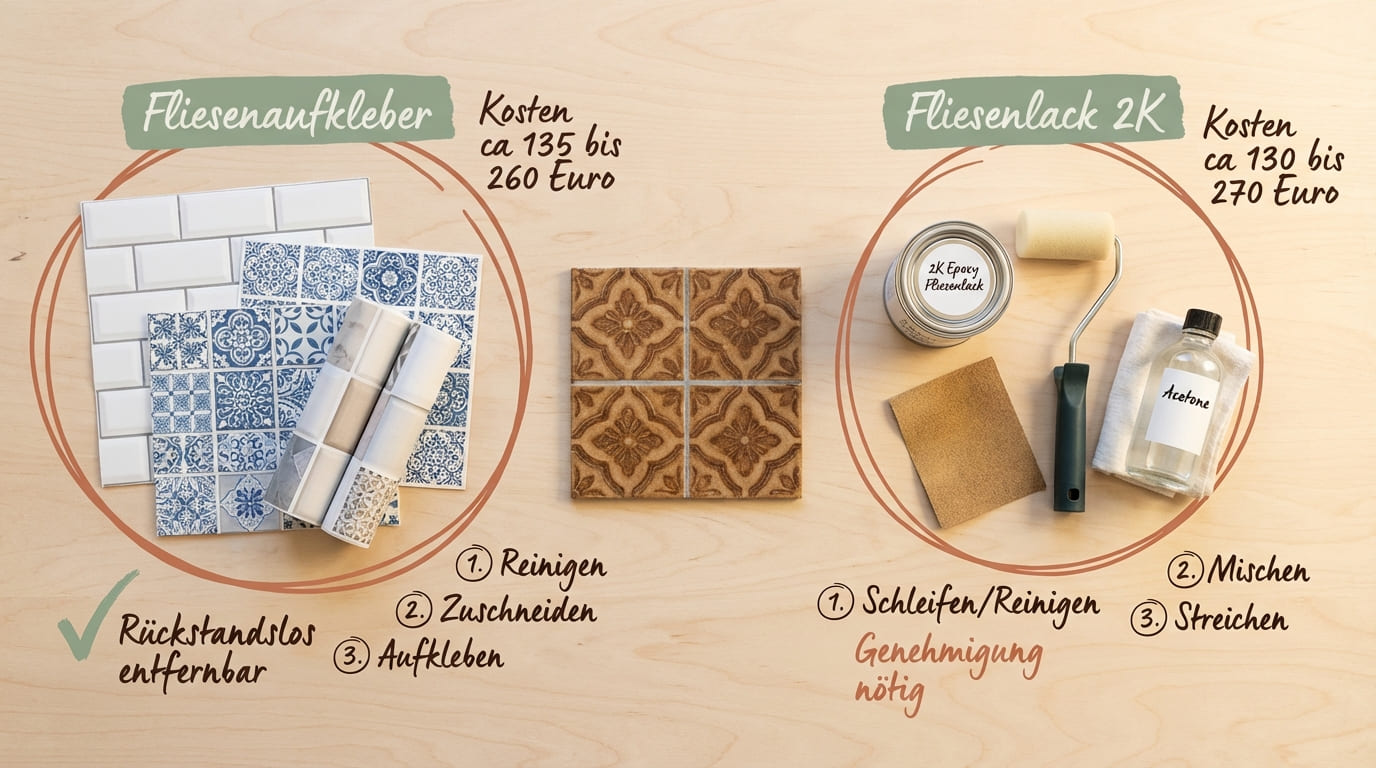 Direktvergleich Fliesenaufkleber vs Fliesenlack 2K – links Aufkleber mit Mustern ab 135 Euro rückstandslos entfernbar, rechts 2K-Epoxy-Fliesenlack mit Aceton ab 130 Euro Genehmigung nötig, in der Mitte Originalfliese