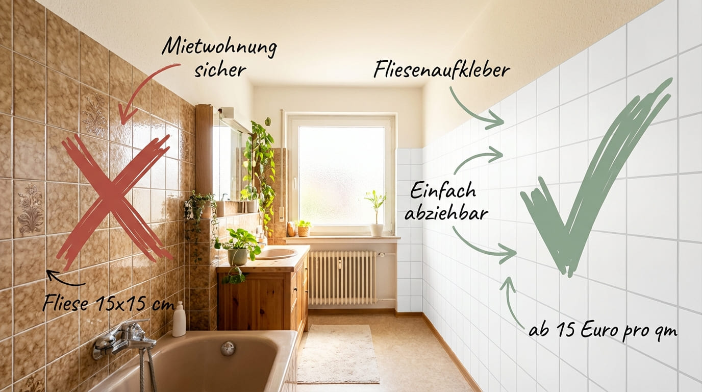 Badezimmer mit braunen Retro-Fliesen 15x15 cm links mit rotem X und rechts mit weißen Fliesenaufklebern mit Salbei-Häkchen – mieterfreundlich, einfach abziehbar, ab 15 Euro pro qm