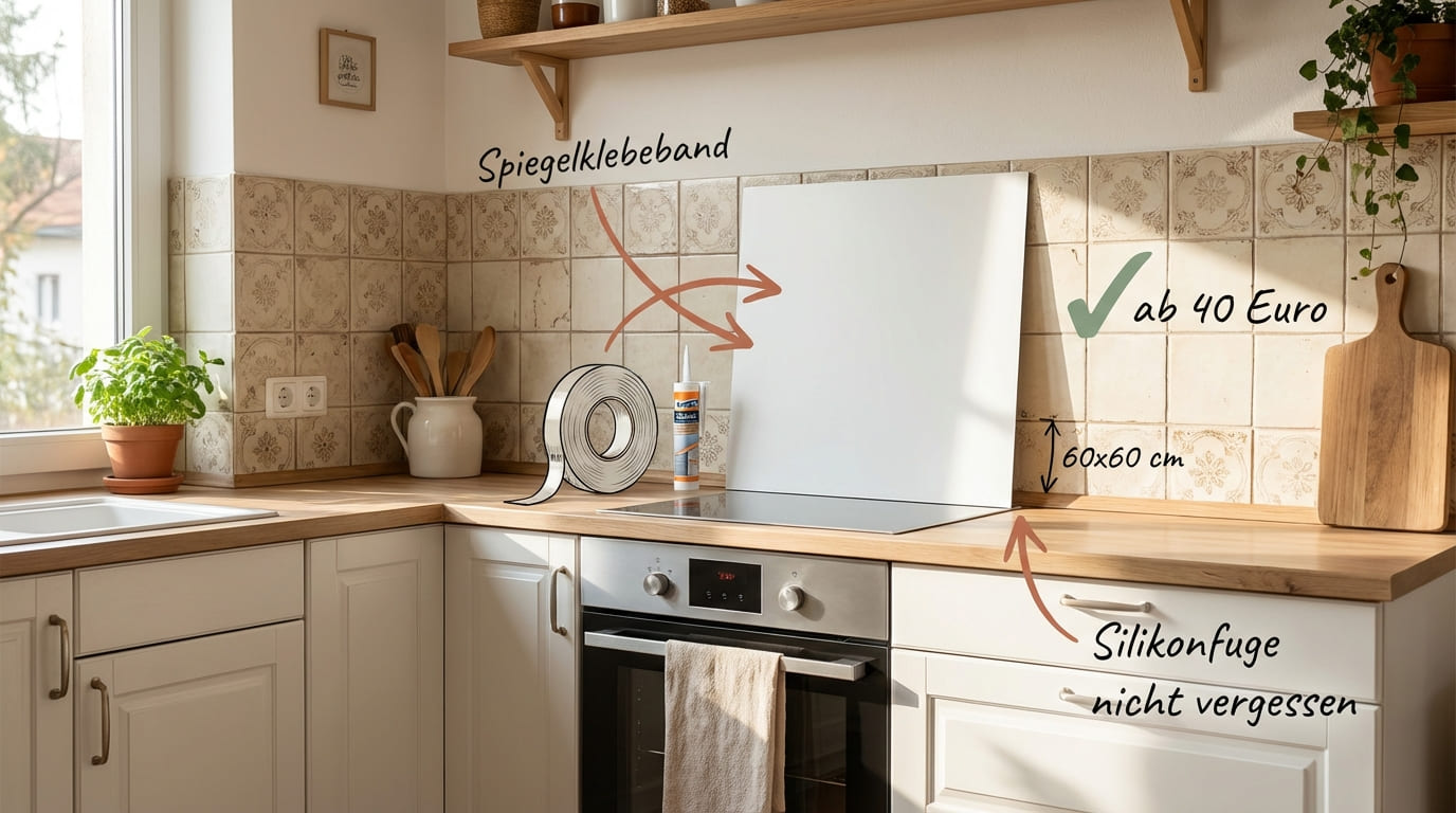 Küche mit Fliesenspiegel Alternative in der Mietwohnung – weiße Glasplatte 60x60 cm über alten gemusterten Fliesen mit Spiegelklebeband befestigt, Silikonfuge nicht vergessen, ab 40 Euro
