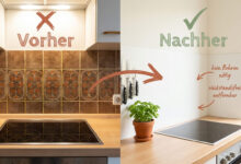 Vorher-Nachher-Vergleich Küche Fliesenspiegel Alternative Mietwohnung – links dunkle braune Retro-Fliesen hinter dem Herd mit rotem X, rechts saubere weiße Rückwand mit Messerleiste kein Bohren nötig und rückstandsfrei entfernbar