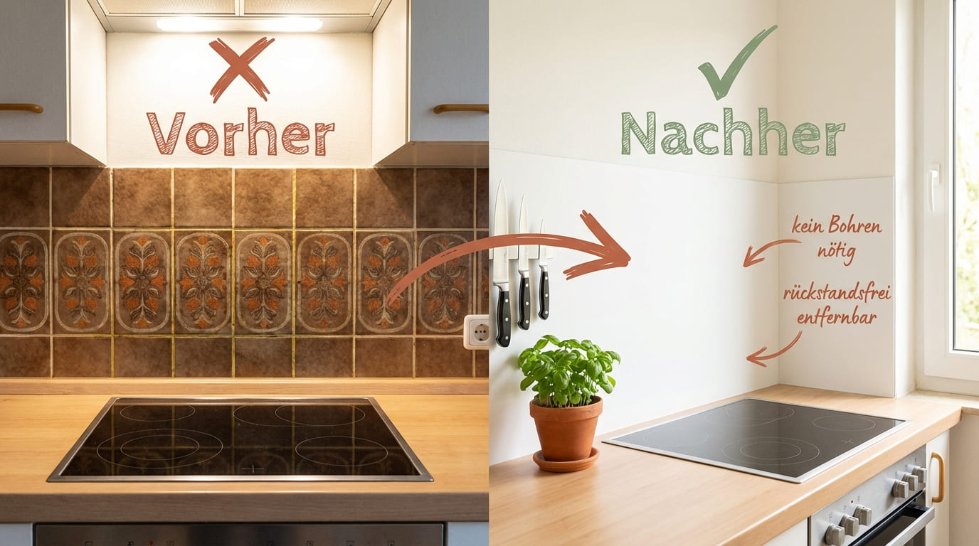 Vorher-Nachher-Vergleich Küche Fliesenspiegel Alternative Mietwohnung – links dunkle braune Retro-Fliesen hinter dem Herd mit rotem X, rechts saubere weiße Rückwand mit Messerleiste kein Bohren nötig und rückstandsfrei entfernbar