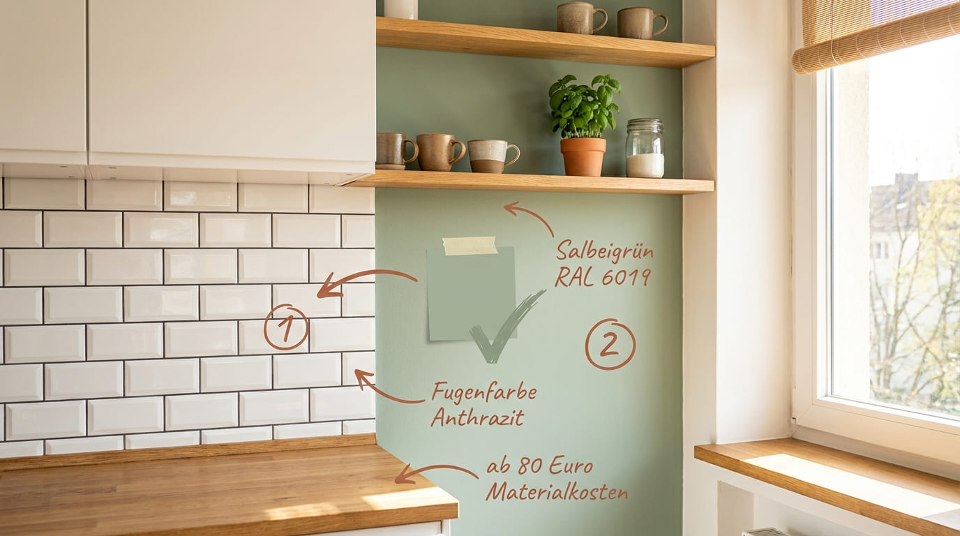 Küche mit weißen Metro-Fliesen und Salbeigrüner Akzentwand RAL 6019 – Fugenfarbe Anthrazit, offene Holzregale mit Keramik und Kräutern, nummerierte Annotationen für Fliese und Wandfarbe, ab 80 Euro Materialkosten
