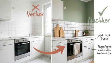 Vorher-Nachher-Vergleich Metro Fliesen kombinieren Farbe – links schlichte weiße Küche mit rotem X, rechts aufgewertete Küche mit Metro-Fliesen, Salbeigrüner Wand und Holzaccessoires, Hinweise Matt trifft Glanz und Fugenfarbe macht den Unterschied