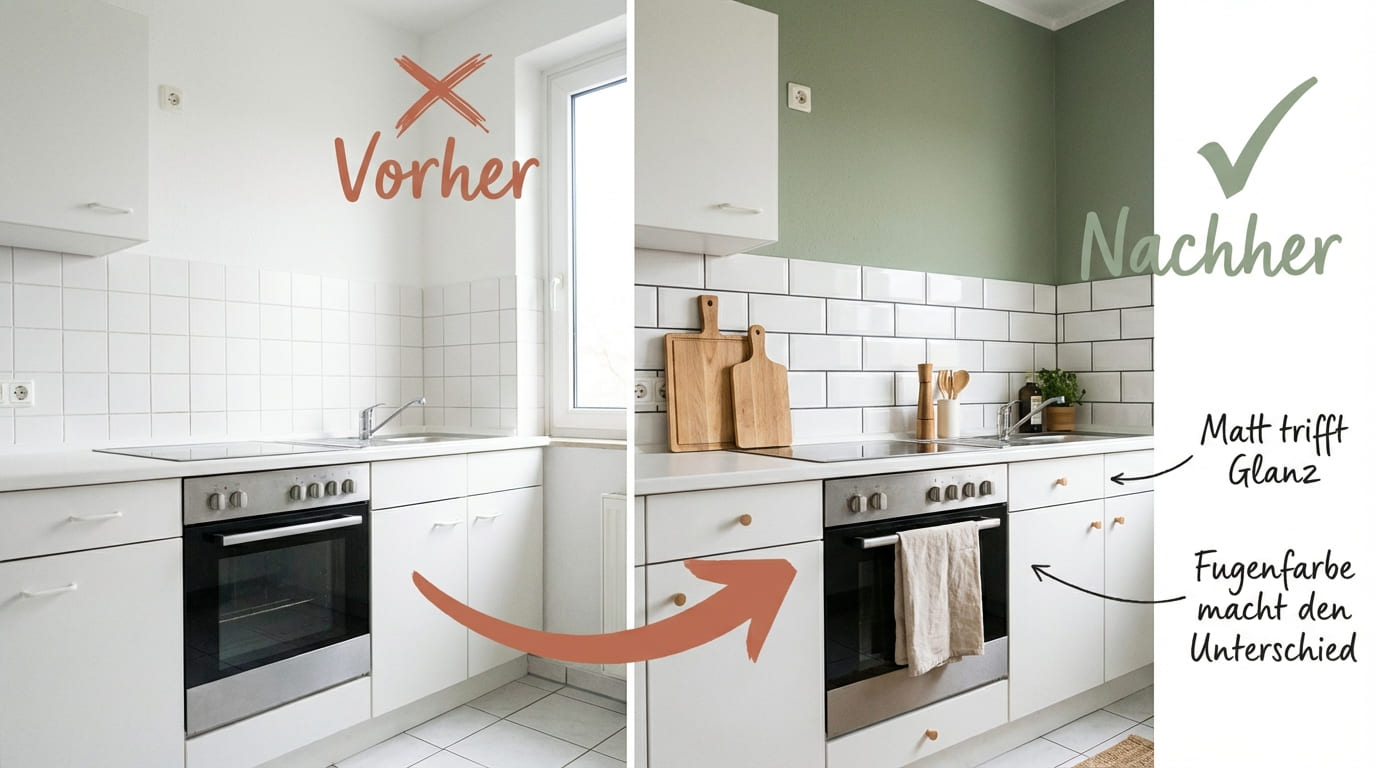 Vorher-Nachher-Vergleich Metro Fliesen kombinieren Farbe – links schlichte weiße Küche mit rotem X, rechts aufgewertete Küche mit Metro-Fliesen, Salbeigrüner Wand und Holzaccessoires, Hinweise Matt trifft Glanz und Fugenfarbe macht den Unterschied