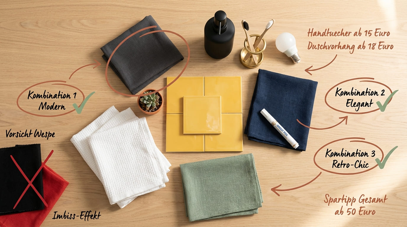 Welche Farbe passt zu gelben Fliesen – Moodboard mit gelben Fliesen in der Mitte, umgeben von drei Kombinationen: Modern (Anthrazit-Handtuch), Elegant (Dunkelblau-Leinen mit Fugenstift), Retro-Chic (Salbeigrüner Stoff). Dazu mattschwarzer Seifenspender, Sukkulente, Bambus-Zahnbürsten, Glühbirne und weißes Waffelpiquee. Schwarz-Rot vermeiden (Imbiss-Effekt, Wespe). Ab 50 Euro umsetzbar.