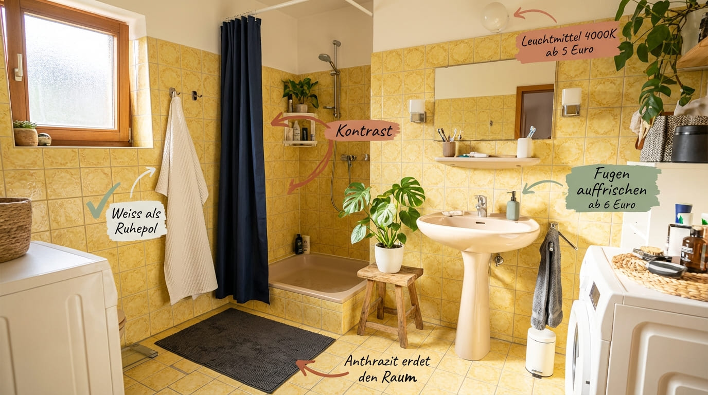 Welche Farbe passt zu gelben Fliesen – Badezimmer mit gelben Fliesen, dunkelblauem Duschvorhang als Kontrast, weißem Handtuch als Ruhepol, anthraziter Badematte, Monstera-Pflanze auf Holzhocker. Hinweise: Leuchtmittel 4000K ab 5 Euro, Fugen auffrischen ab 6 Euro. Anthrazit erdet den Raum.