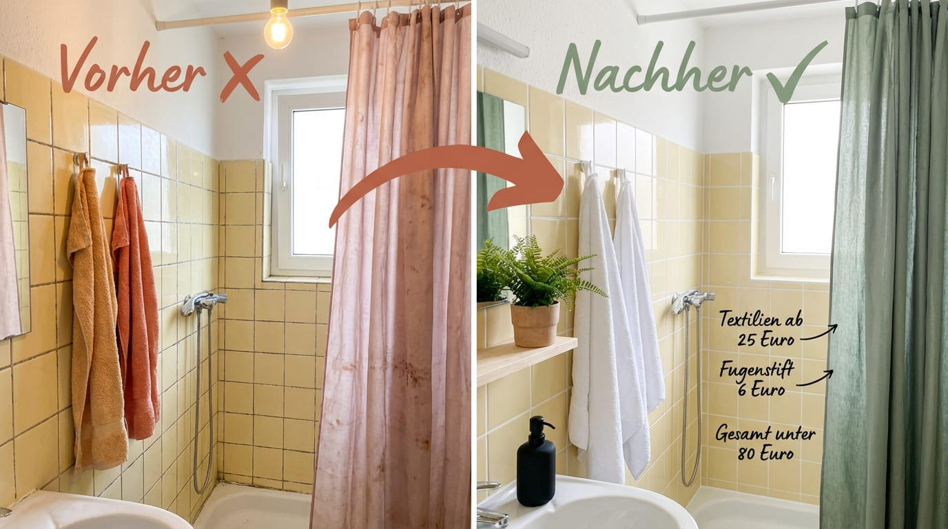 Welche Farbe passt zu gelben Fliesen – Vorher-Nachher-Vergleich eines Badezimmers: Links altmodisches Bad mit gelben Fliesen, orangefarbenen Handtüchern und rosa Duschvorhang (rotes X), rechts modernes Styling mit salbeigrünem Duschvorhang, weißen Handtüchern, mattschwarzer Seife, Farn und aufgefrischten Fugen (grüner Haken). Gesamt unter 80 Euro.