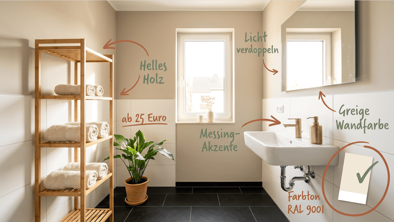 Schwarze Bodenfliesen im Mietbad aufgehellt mit Greige-Wandfarbe RAL 9001, Bambus-Regal, Einblatt-Pflanze und Messing-Seifenspender