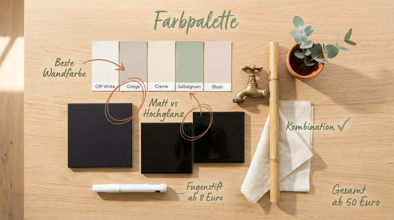 Farbpalette zu schwarzen Fliesen – Flat-Lay mit Off-White, Greige, Creme, Salbeigrün und Blush Farbkarten neben matten und glänzenden schwarzen Fliesenmustern, Fugenstift, Messinghahn und Bambus