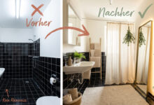 Vorher-Nachher-Vergleich schwarzes Mietbad – links kaltes Reinweiß mit nackten schwarzen Fliesen, rechts aufgehellt mit Greige, Creme-Textilien, Holzleiter, Spiegel und Eukalyptus