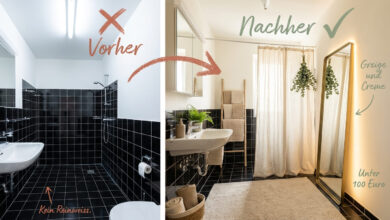 Vorher-Nachher-Vergleich schwarzes Mietbad – links kaltes Reinweiß mit nackten schwarzen Fliesen, rechts aufgehellt mit Greige, Creme-Textilien, Holzleiter, Spiegel und Eukalyptus