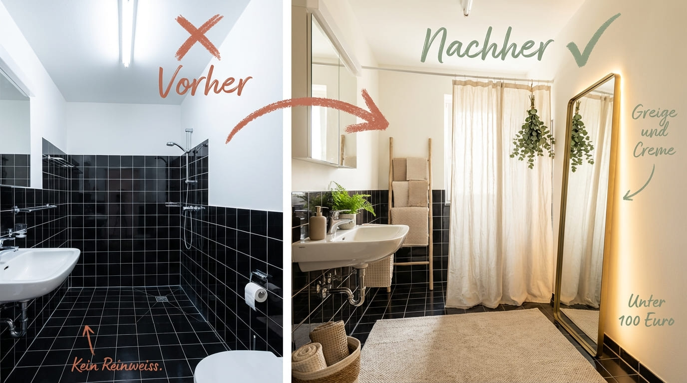 Vorher-Nachher-Vergleich schwarzes Mietbad – links kaltes Reinweiß mit nackten schwarzen Fliesen, rechts aufgehellt mit Greige, Creme-Textilien, Holzleiter, Spiegel und Eukalyptus
