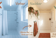 Vorher-Nachher-Vergleich eines weißen Mietbads – kaltes Licht und keine Farbe links, warmes Licht mit Terracotta-Textilien und Pflanzen rechts