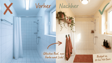 Vorher-Nachher-Vergleich eines weißen Mietbads – kaltes Licht und keine Farbe links, warmes Licht mit Terracotta-Textilien und Pflanzen rechts