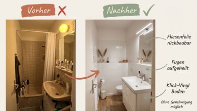 Vorher-Nachher-Vergleich kleines Bad – links altmodische dunkle Fliesen, rechts helles Bad mit Fliesenfolie, aufgehellten Fugen und Klick-Vinyl-Boden, rückbaubar ohne Genehmigung