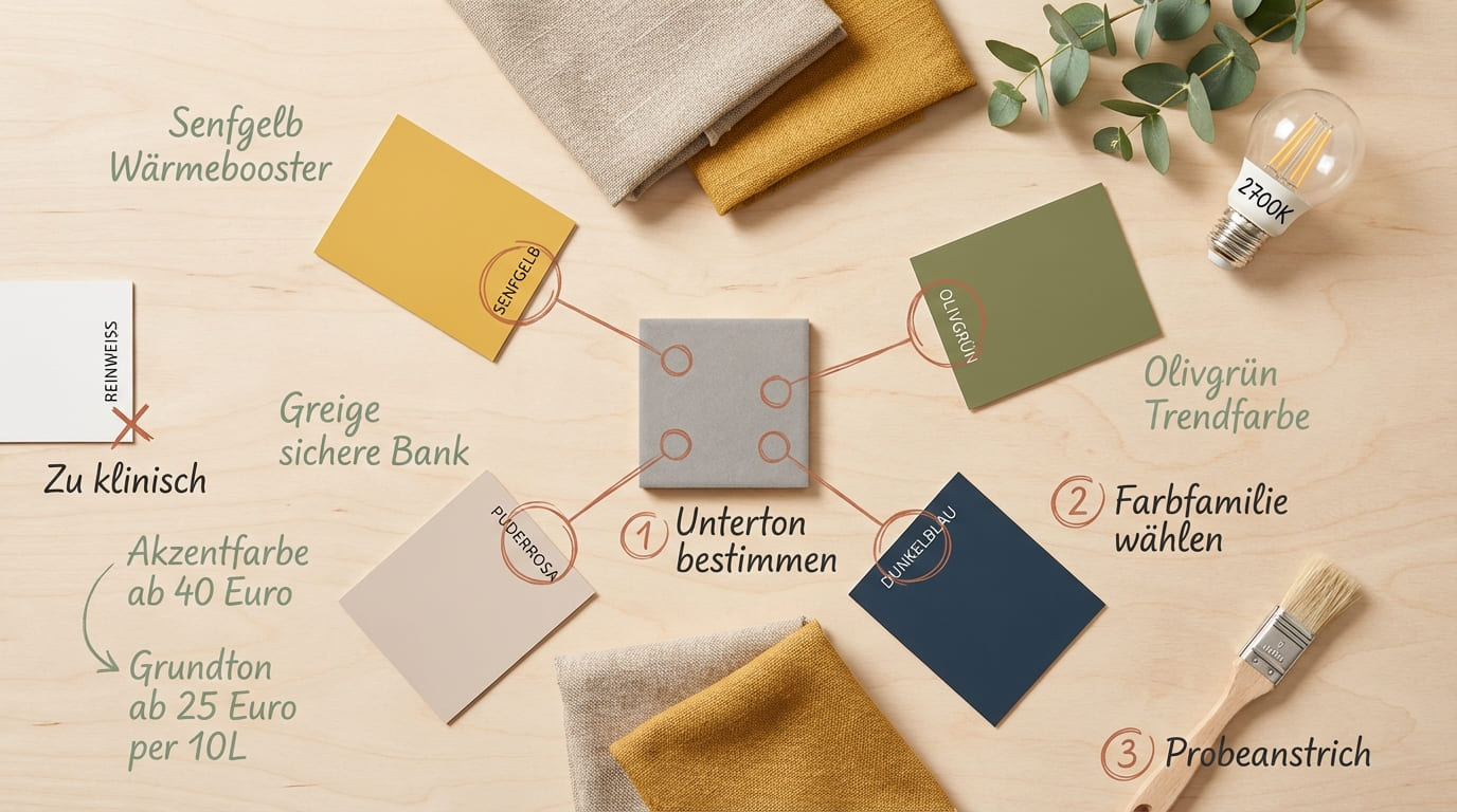 Welche Wandfarbe zu grauen Bodenfliesen – Moodboard mit grauer Bodenfliese in der Mitte, umgeben von fünf Farbkarten: Senfgelb (Wärmebooster), Greige (sichere Bank), Puderrosa, Olivgrün (Trendfarbe) und Dunkelblau. Drei Schritte: Unterton bestimmen, Farbfamilie wählen, Probeanstrich. Reinweiß ist zu klinisch. Glühbirne 2700K, Pinsel, Leinen- und Senfgelb-Stoffe. Grundton ab 25 Euro pro 10 L, Akzentfarbe ab 40 Euro.