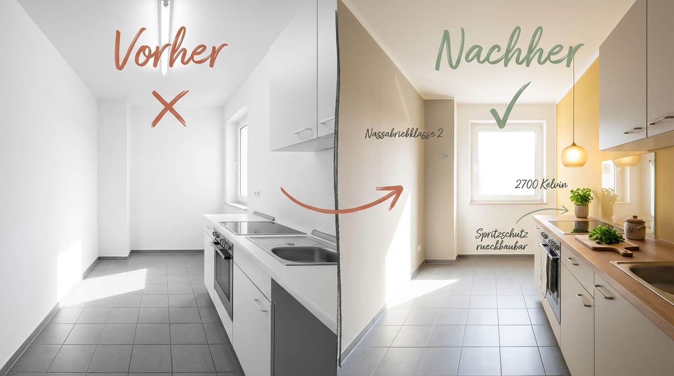 Welche Wandfarbe zu grauen Bodenfliesen – Vorher-Nachher-Vergleich einer Küche: Links kühle Küche mit weißen Wänden und grauen Bodenfliesen (rotes X), rechts warme Küche mit Greige-Wandfarbe, Holzarbeitsplatte, Pendelleuchte 2700 Kelvin und Grünpflanzen (grüner Haken). Nassabriebklasse 2, Spritzschutz rückbaubar.