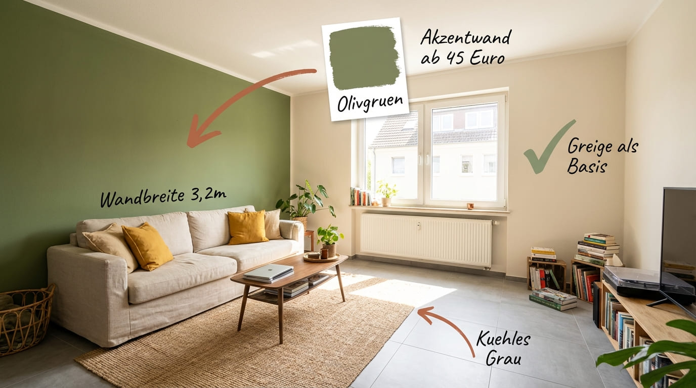 Welche Wandfarbe zu grauen Bodenfliesen im Wohnzimmer – olivgrüne Akzentwand (Wandbreite 3,2 m) mit hellem Sofa und senfgelben Kissen, Greige als Basisfarbe an den restlichen Wänden, kühle graue Bodenfliesen und Juteteppich. Farbmuster Olivgrün, Akzentwand ab 45 Euro.