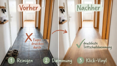 Vorher-Nachher-Vergleich welcher Boden passt zu Fliesen im Flur – links schmaler Flur mit dunklen Fliesen und durchdrückenden Fugen mit rotem X, rechts derselbe Flur mit warmem Klick-Vinyl in Holzoptik und druckfester Trittschalldämmung, 3 Schritte Reinigen Dämmung Klick-Vinyl